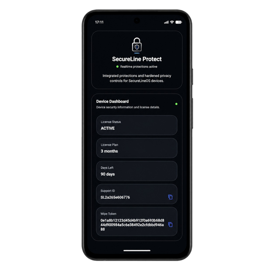 SecureLine Protect application displayed on a SecureLineOS phone
